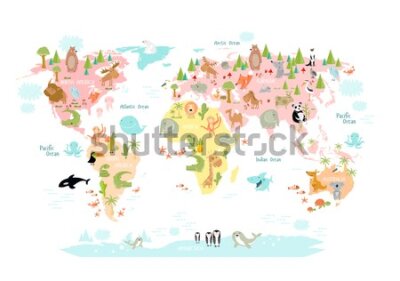 Fototapeta Bajkowa mapa świata ze zwierzętami