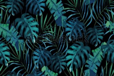 Fototapeta Ciemne liście palmowe i monstery