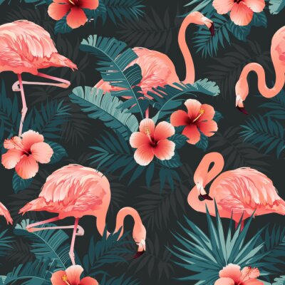 Flamingi z tropikalnymi liśćmi