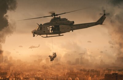 Fototapeta Helikopter wojskowy nad miastem