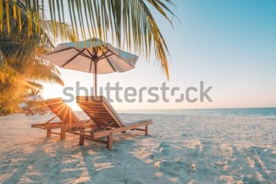 Fototapeta Leżaki pod palmami na plaży