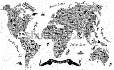 Fototapeta Mapa świata z napisów i zwierząt