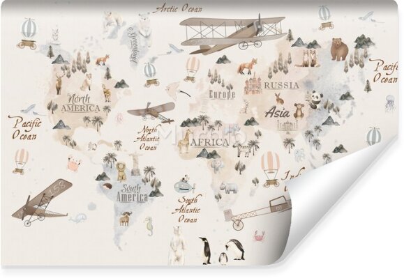Fototapeta Mapa świata zwierzątka samoloty