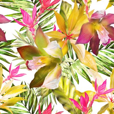 Fototapeta Rajskie kwiaty z tropikalnymi liśćmi