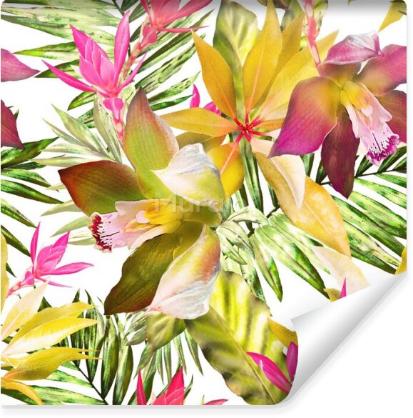 Fototapeta Rajskie kwiaty z tropikalnymi liśćmi