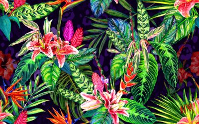 Fototapeta Rajskie tropikalne kwiaty z liśćmi