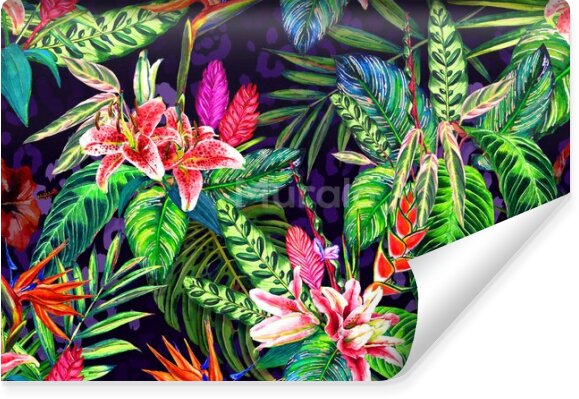Fototapeta Rajskie tropikalne kwiaty z liśćmi