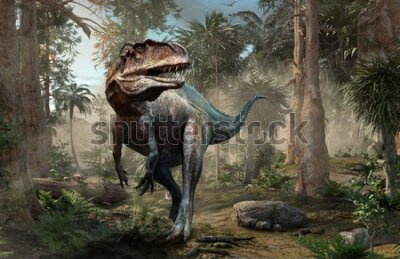 Fototapeta Realistyczny dinozaur i palmy