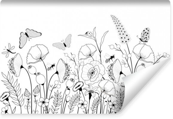 Fototapeta Ścienna do salonu, motyle, kwiaty, liście
