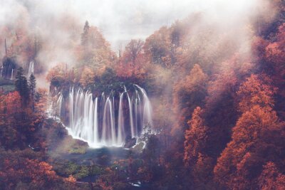 Fototapeta Wodospad w lesie we mgle