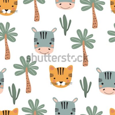 Tapeta Dla chłopca zwierzątka palmy kaktusy zieleń