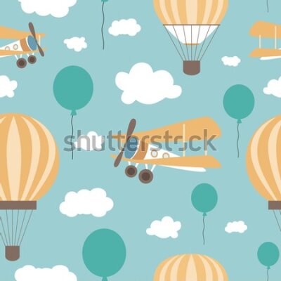 Tapeta dla dzieci balony, chmurki, samoloty, niebo