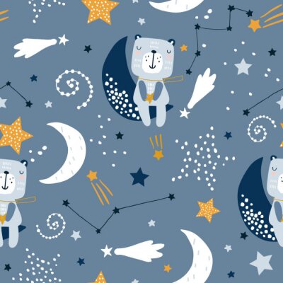 Tapeta Dla Dzieci - Gwiazdy, Księżyce i Śpiące Misie