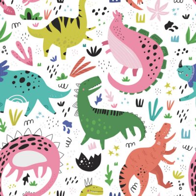 Tapeta Dla Dzieci - Kolorowe Dinozaury na Białym Tle