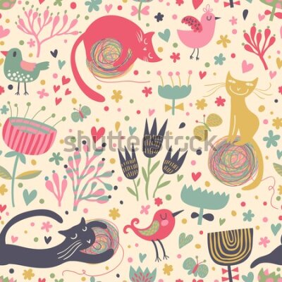 Tapeta Dla Dzieci - Kolorowe Kotki, Ptaki i Rośliny