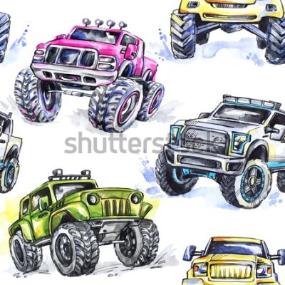 Tapeta Dla Dzieci - Kolorowe Samochody Monster Truck Malowane Akwarelą