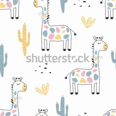 Tapeta Dla dzieci kolorowe żyrafy kaktusy rośliny