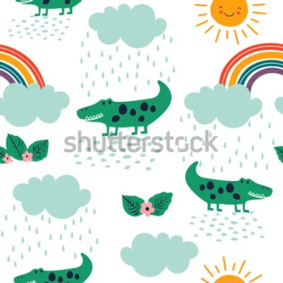 Tapeta Dla dzieci krokodyle chmury kwiaty tęcza