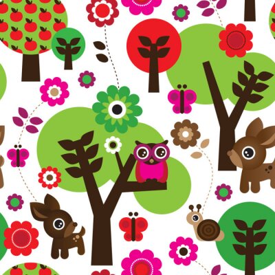 Tapeta Dla Dzieci - Leśne Zwierzątka, Kolorowe Kwiaty i Drzewa
