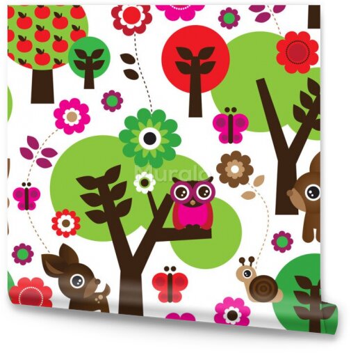 Tapeta Dla Dzieci - Leśne Zwierzątka, Kolorowe Kwiaty i Drzewa