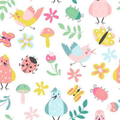 Tapeta Dla Dzieci - Śpiewające Ptaszki i Kolorowe Roślinki