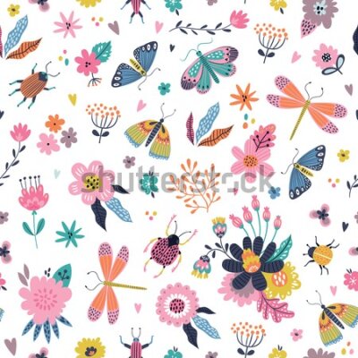 Tapeta Dla dzieci w kwiaty rośliny motyle owady