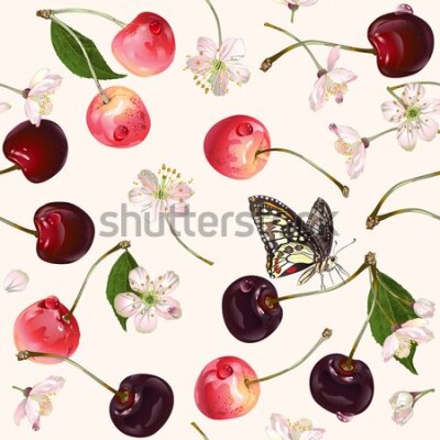 Tapeta Do kuchni, owoce, wiśnie, kwiaty, motyle