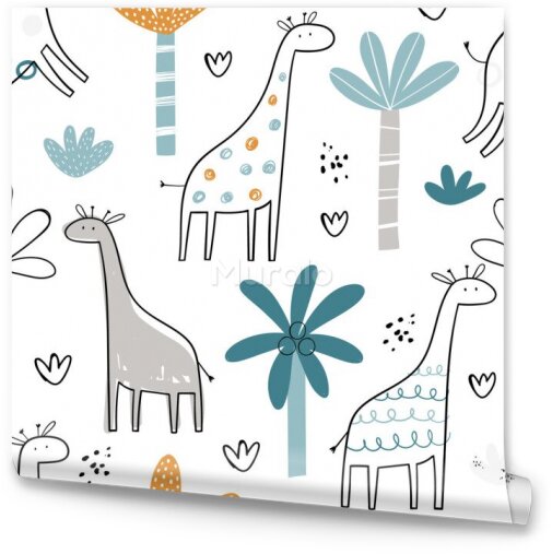 Tapeta Do pokoju dzieci malowane żyrafy dżungla