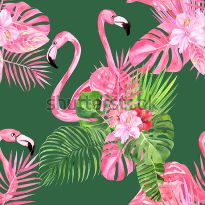 Tapeta Do salonu flamingi, ptaki, kwiaty, zieleń
