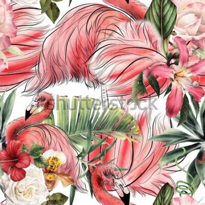 Tapeta Do salonu, flamingi, róże, kwiaty, liście