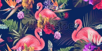 Tapeta Do salonu, ptaki, flamingi, kwiaty, rośliny