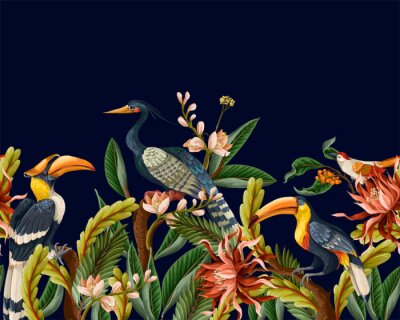 Egzotyczne ptaki na tropikalnych liściach