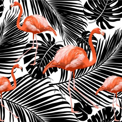 Tapeta Flamingi i Czarne Egzotyczne Liście