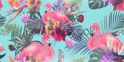 Tapeta Flamingi, kwiaty, liście, natura, sypialnia