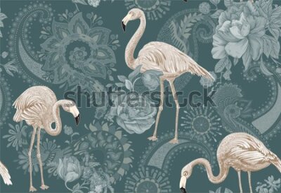 Tapeta Flamingi na tle ornamentów vintage