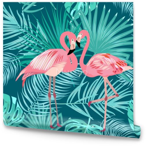 Tapeta Flamingi Wśród Liści Tropikalnych