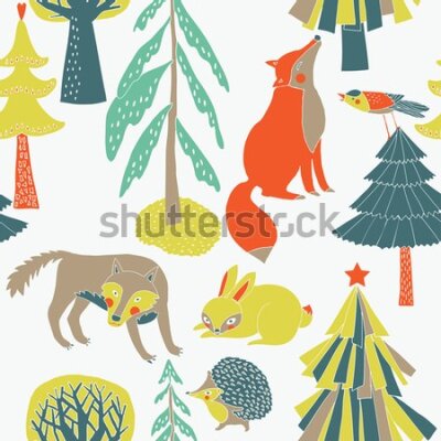 Tapeta Kolorowe rysowane zwierzątka leśne