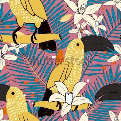 Tapeta Kolorowe tukany z tropikalnymi liśćmi