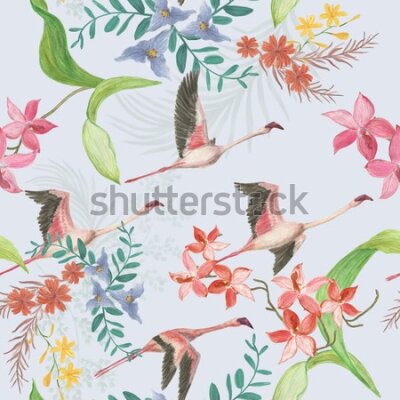 Tapeta – Lecące żurawie i kwiaty