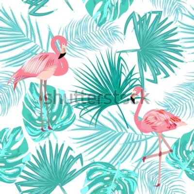 Tapeta Liście Tropikalne Flamingi