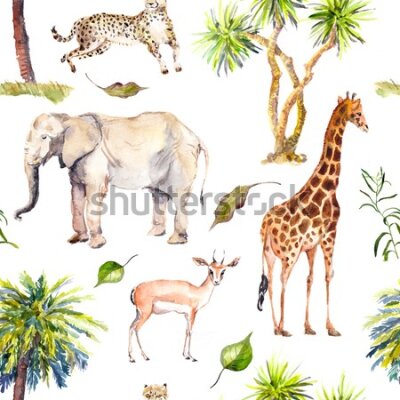 Tapeta Malowane zwierzęta sawanny z palmami