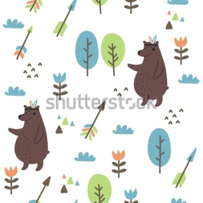 Tapeta Niedźwiedzie, chmury, drzewa, pokój chłopca
