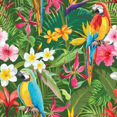 Tapeta Papugi, Tropikalne Liście i Kwiaty