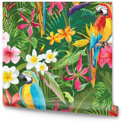 Tapeta Papugi, Tropikalne Liście i Kwiaty