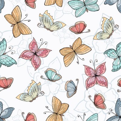 Tapeta Rysowane kolorowe motyle z kwiatami
