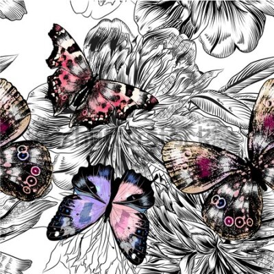 Tapeta Ścienna motyle, kwiaty, rośliny, przedpokój
