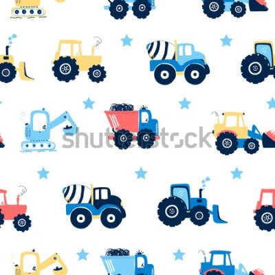 Tapeta Traktory, pojazdy, gwiazdy, pokój dziecięcy