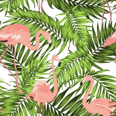 Tapeta Tropikalna - Flamingi i Liście Palmowe
