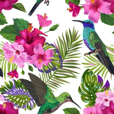 Tapeta Tropikalna - Kolorowe Kolibry, Liście i Kwiaty