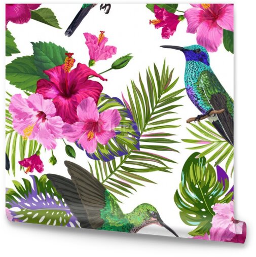 Tapeta Tropikalna - Kolorowe Kolibry, Liście i Kwiaty